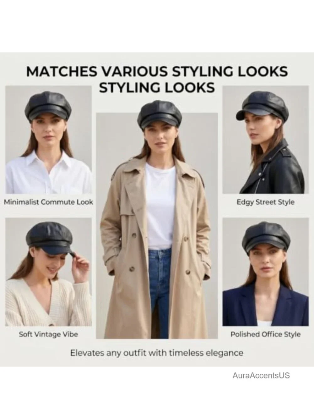 Women PU Leather 8 Panel Newsboy Cap Cabbie Painter Beret Hat